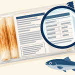 練り製品の包装裏面の表示を虫眼鏡で確認するイラスト