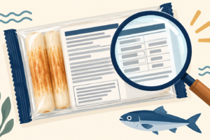 練り製品の包装裏面の表示を虫眼鏡で確認するイラスト