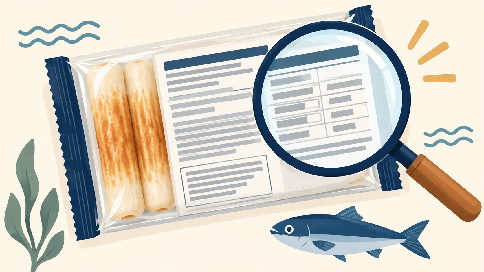 練り製品の包装裏面の表示を虫眼鏡で確認するイラスト