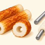 穴のあるちくわと、棒にすり身を巻く作り方を示したイラスト