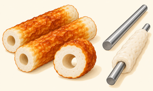 穴のあるちくわと、棒にすり身を巻く作り方を示したイラスト