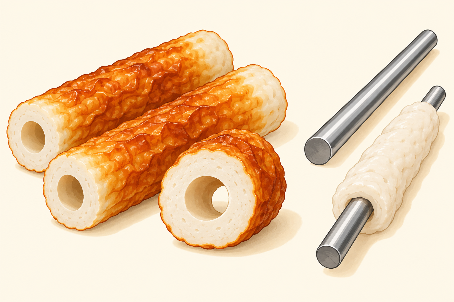 穴のあるちくわと、棒にすり身を巻く作り方を示したイラスト