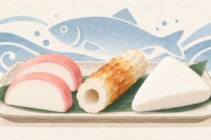 練り製品の種類を表したイラスト。かまぼこ、ちくわ、はんぺんを描いています。