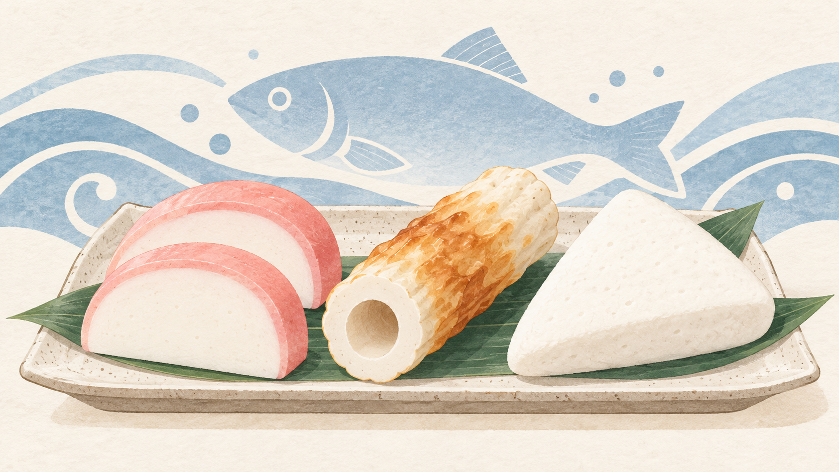 練り製品の種類を表したイラスト。かまぼこ、ちくわ、はんぺんを描いています。