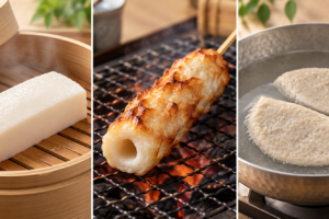 蒸す・焼く・茹でる練り製品。茹でる例はいわしはんぺんを参考にしたAI編集画像