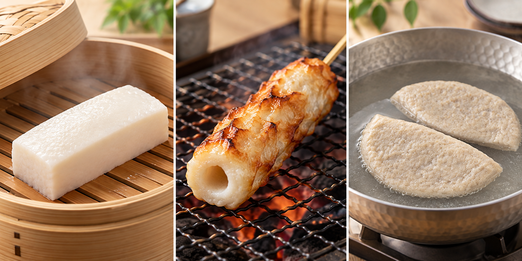 蒸す・焼く・茹でる練り製品。茹でる例はいわしはんぺんを参考にしたAI編集画像