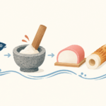 魚、石臼、かまぼこ・ちくわ・はんぺんを並べた練り製品の概念イラスト