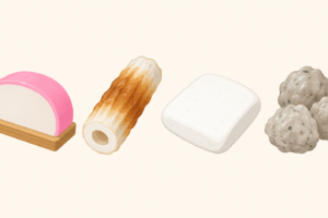 板かまぼこ、ちくわ、白はんぺん、つみれを並べた概念イラスト