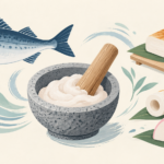 魚と、かまぼこ・ちくわ・はんぺんなどの練り製品を描いた概念イラスト