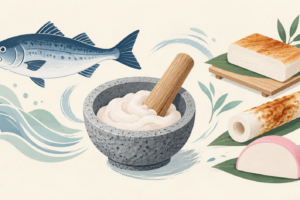魚と、かまぼこ・ちくわ・はんぺんなどの練り製品を描いた概念イラスト