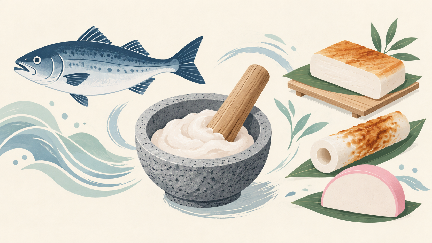 魚と、かまぼこ・ちくわ・はんぺんなどの練り製品を描いた概念イラスト
